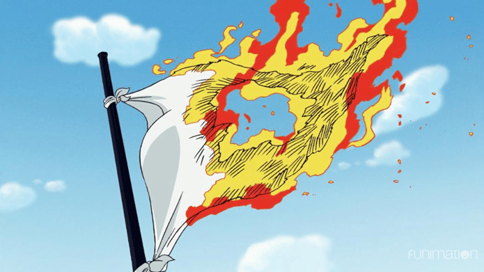 Usopp membakar bendera Pemerintah Dunia 