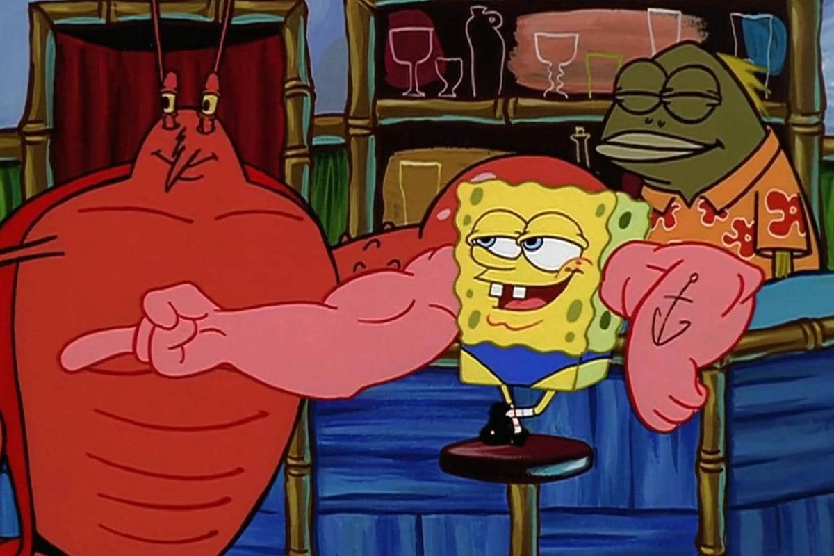 SpongeBob yang minder dengan tubuh kerempengnya akhirnya memilih jalan instan dengan memakai otot palsu