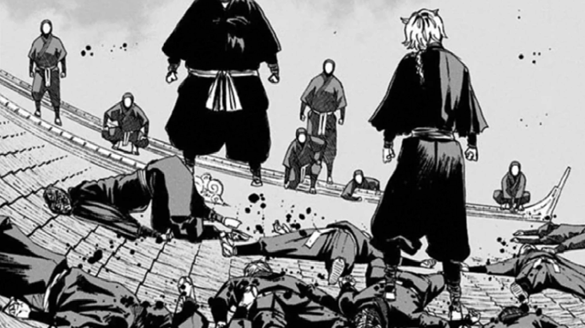 Gabimaru membantai ninja Iwa di versi manga