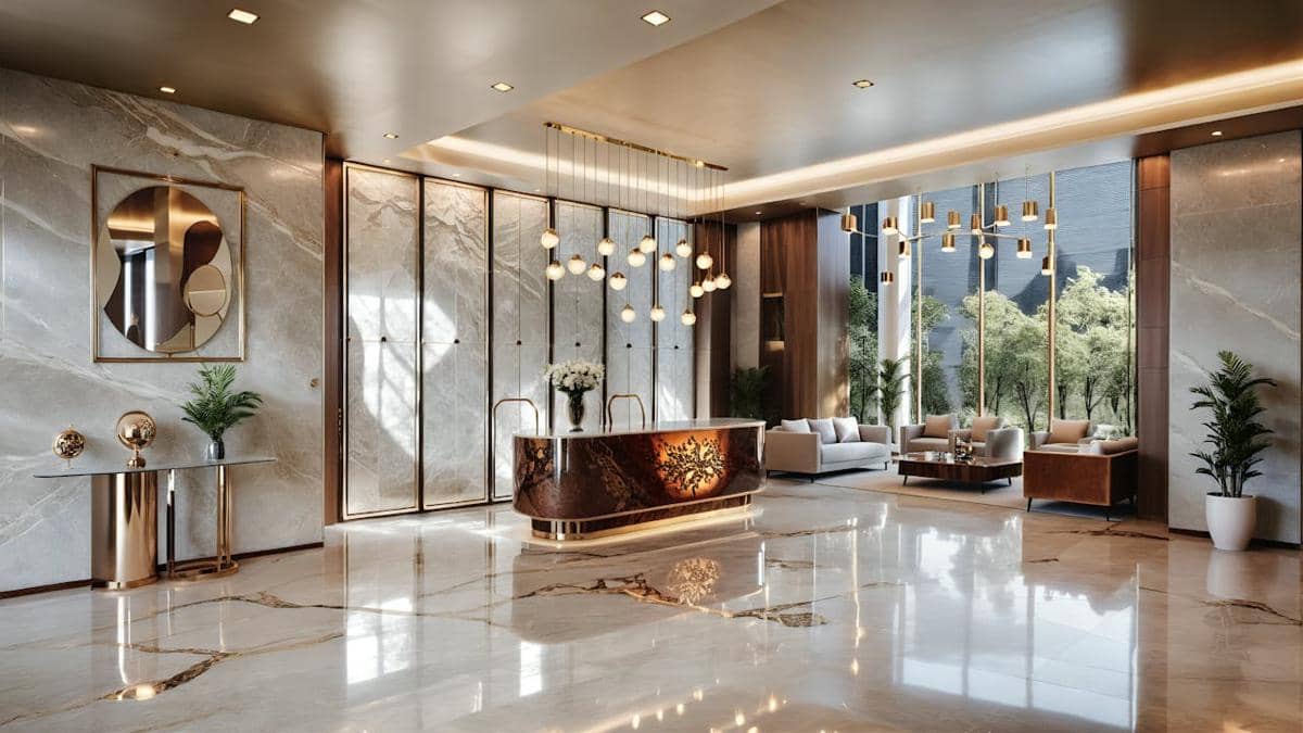Interior ruangan klasik dengan lantai marmer mengilap, meja resepsionis elegan, lampu gantung modern, dan area duduk dekat jendela besar.