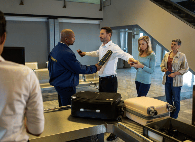 ilustrasi petugas keamanan bandara sedang memeriksa penumpang 