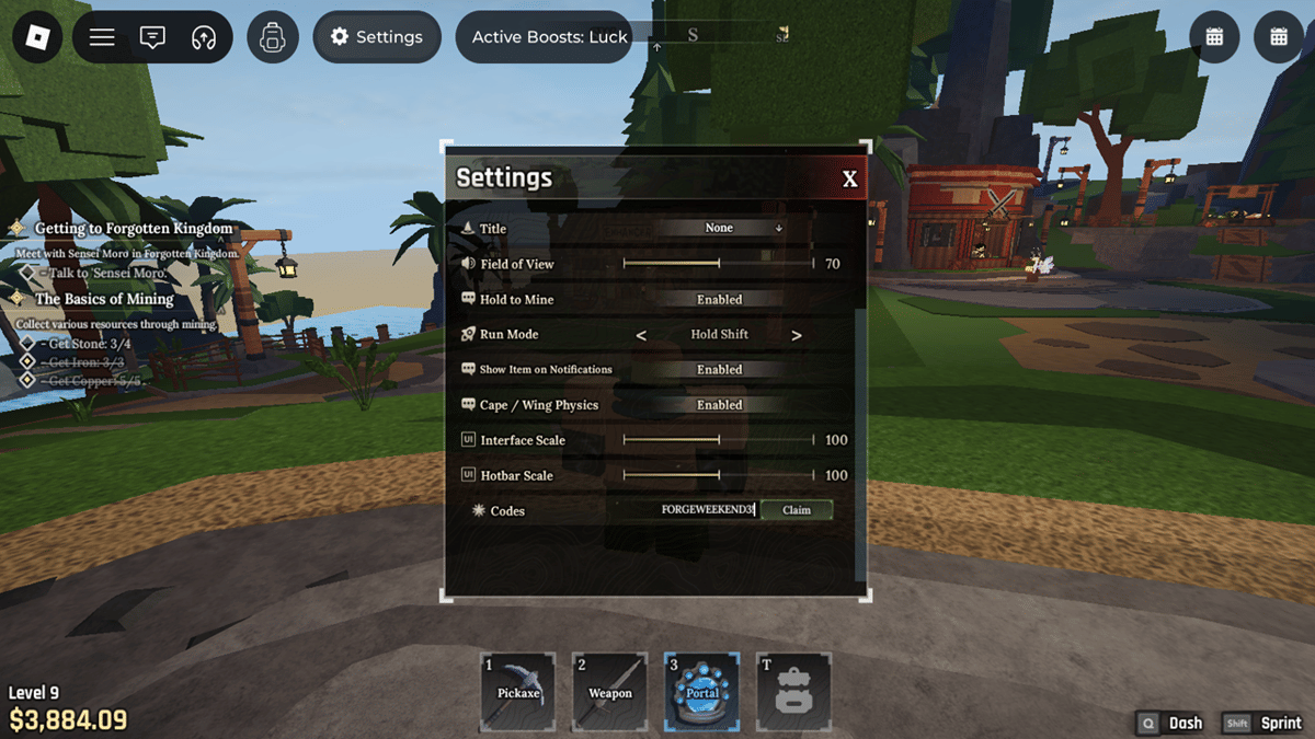 menu redeem kode di The Forge