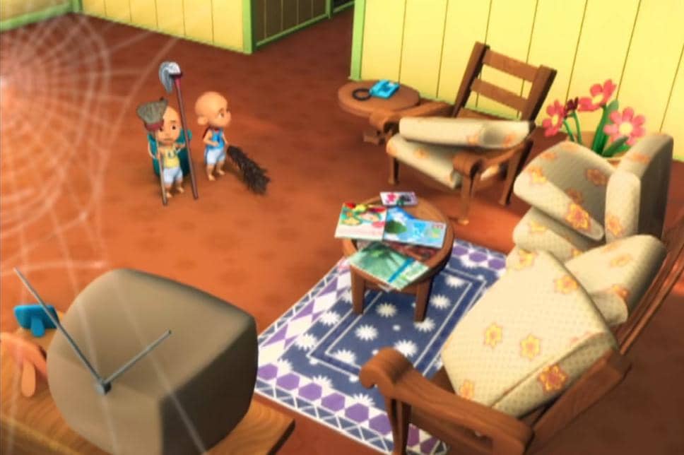 Upin dan Ipin membantu Kak Ros beberes rumah menjelang Hari Raya