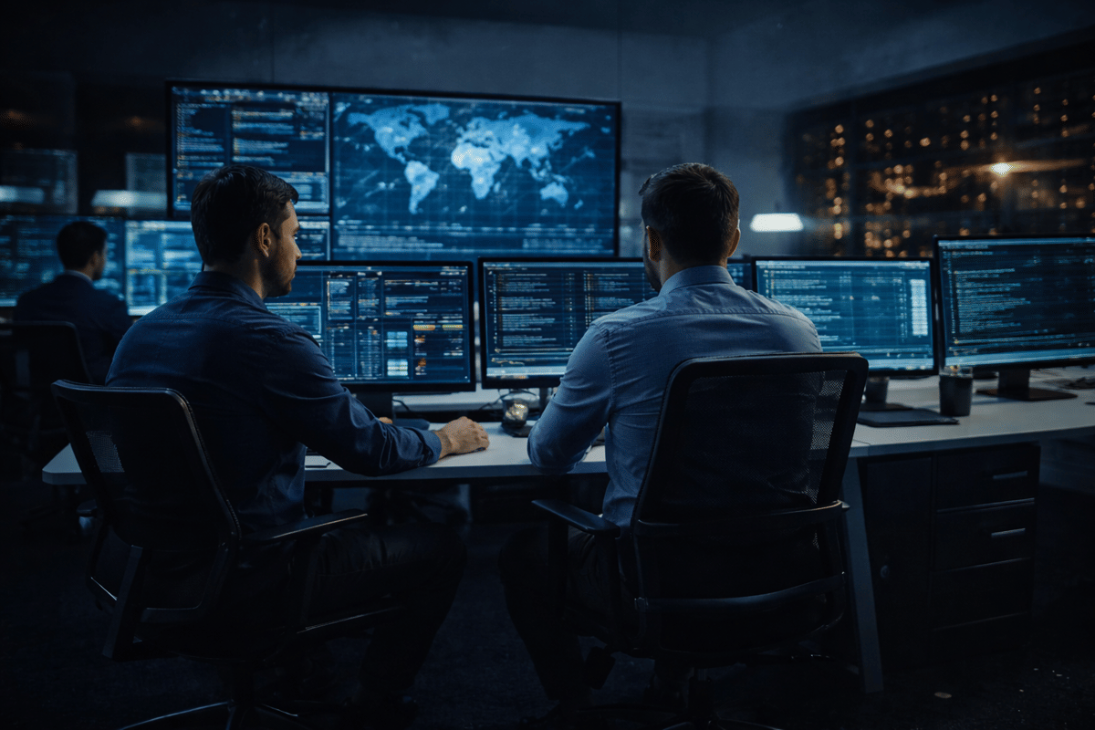 Ilustrasi profesional teknologi informasi bekerja di depan layar komputer.