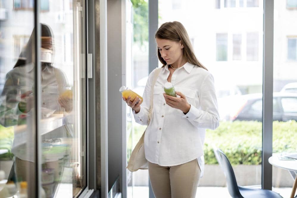 Seorang wanita mengenakan kemeja putih memegang dua botol minuman sambil membaca label nutrisi di dalam toko dengan jendela besar.