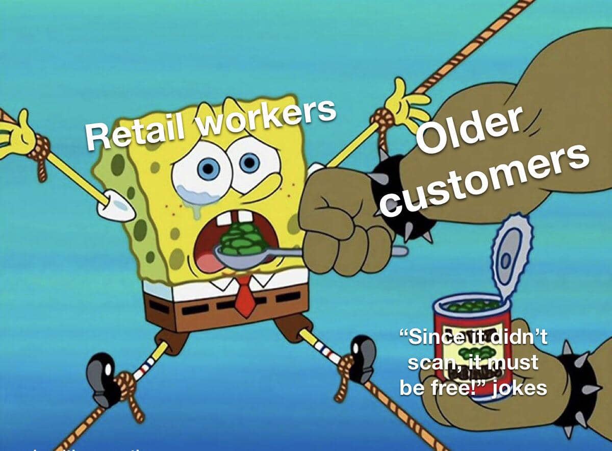 meme SpongeBob tentang pekerja retail