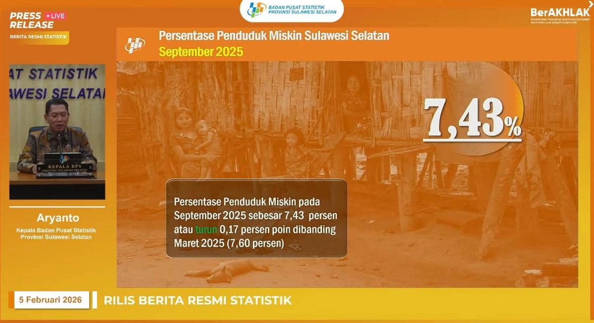 BPS Sulsel merilis berita resmi statistik soal Persentase Penduduk Miskin Sulawesi Selatan per September 2025, Kamis (5/2/2026). (Dok. YouTube/BPS Sulsel)