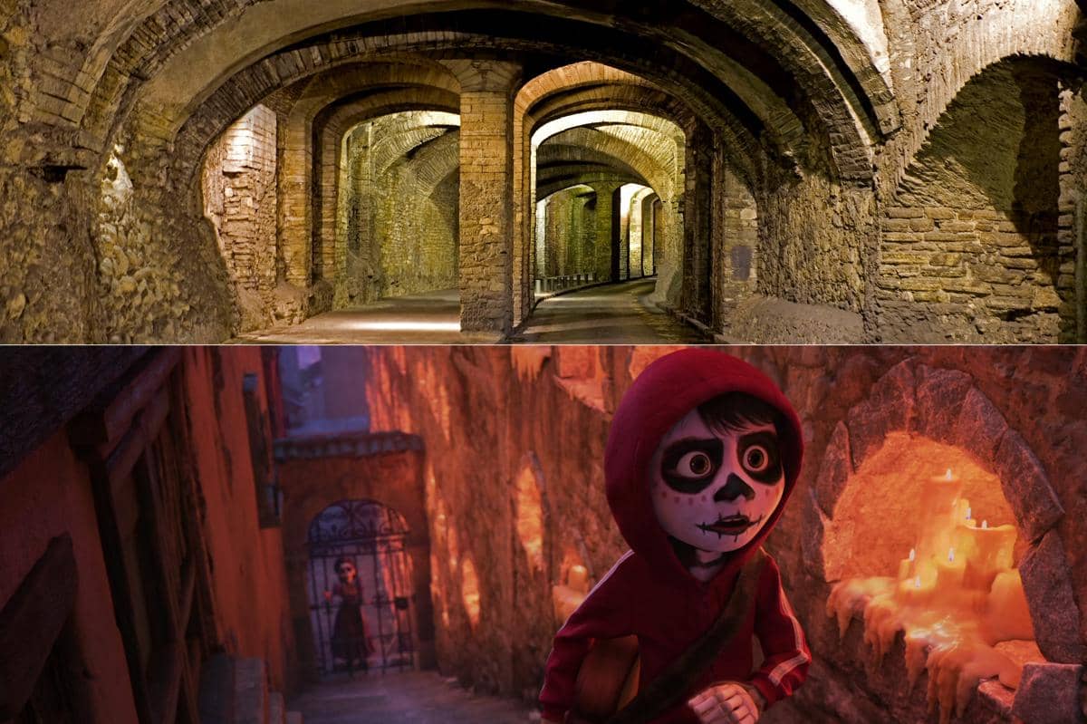 salah satu lorong bawah tanah di kota Guanajuato dan scene saat Imelda membuat pengakuan bahwa dirinya mencintai musik pada Miguel di sebuah lorong sempit