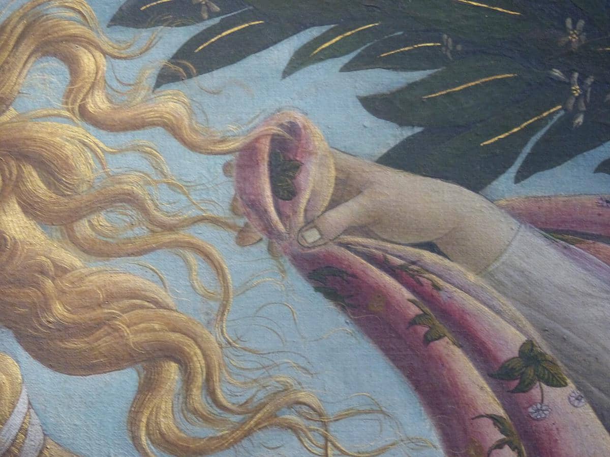 Detail dari karya berjudul The Birth of Venus (Kelahiran Venus) yang dibuat oleh seniman Renaisans Italia, Sandro Botticelli.