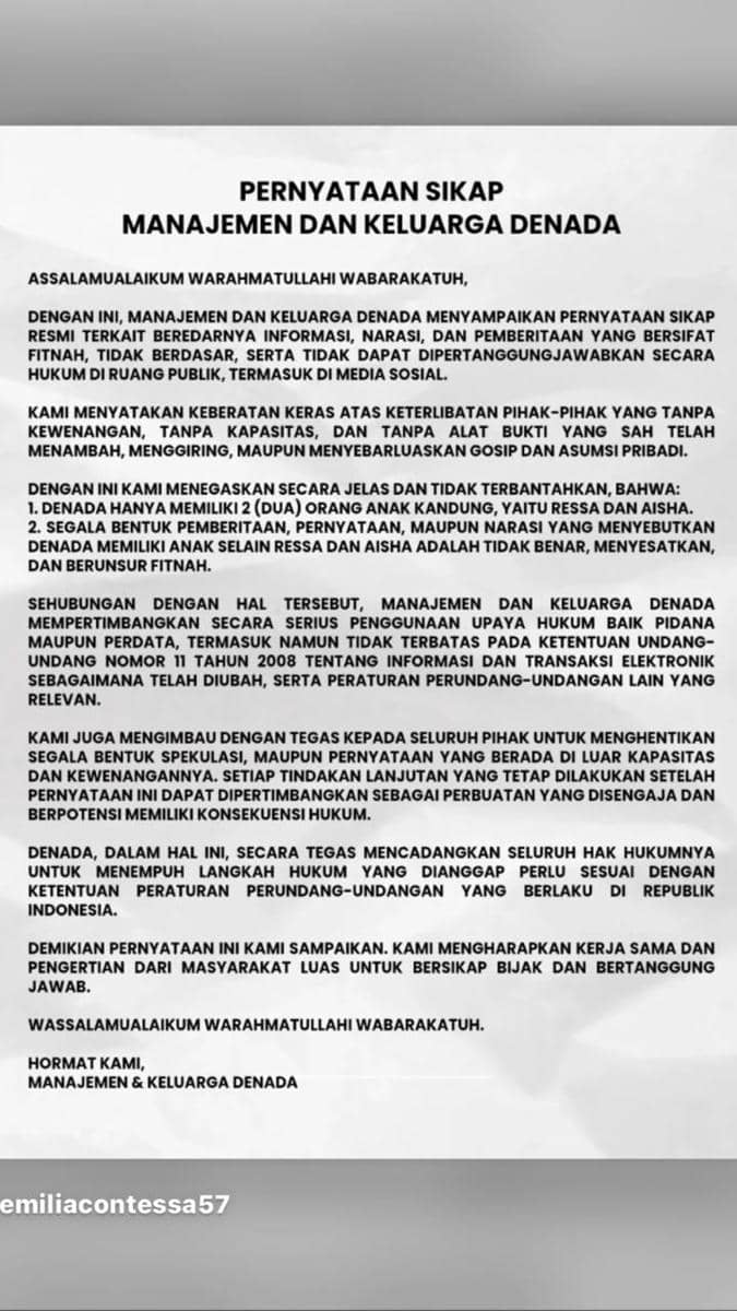 Pernyataan pihak Denada terkait isu memiliki tiga anak