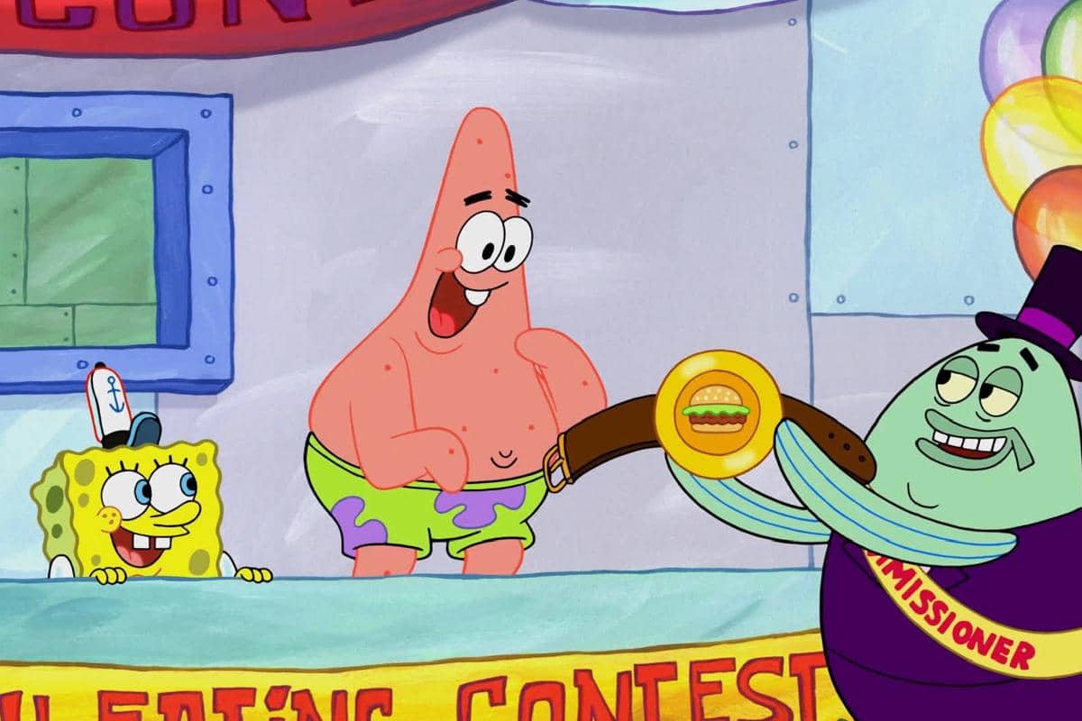 Patrick menang dalam kontes makan Krabby Patty di Krusty Krab 