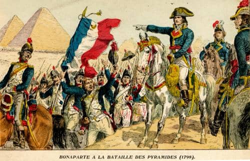 Ilustrasi momen Pertempuran Piramida pada tahun 1798, di mana Napoleon Bonaparte memimpin pasukannya di Mesir. 