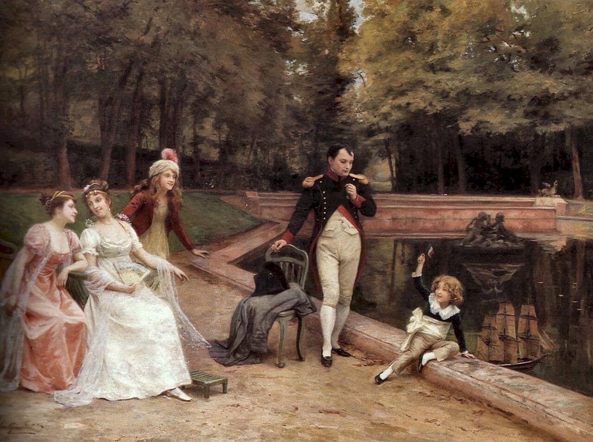 Ilustrasi Napoleon Bonaparte bersama keluarganya di istana kerajaan Austria di Wina, sebuah lukisan cat minyak karya Jules Girardet pada abad ke-19. 