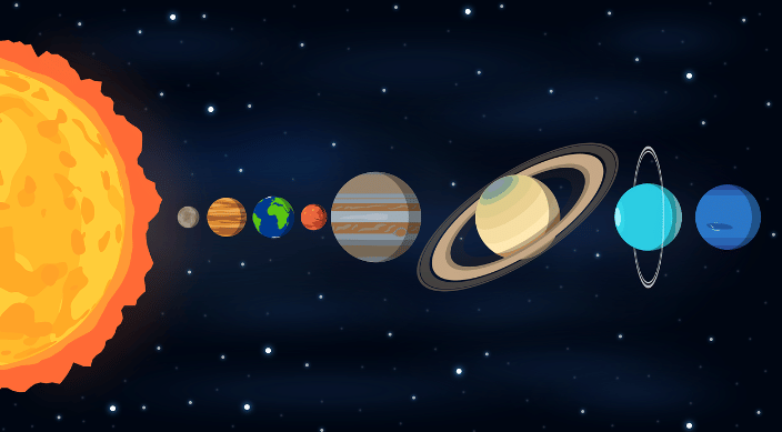 Ilustrasi Tata Surya dengan Matahari di tengah, dikelilingi planet-planet yang mengorbit pada lintasan melingkar di angkasa.