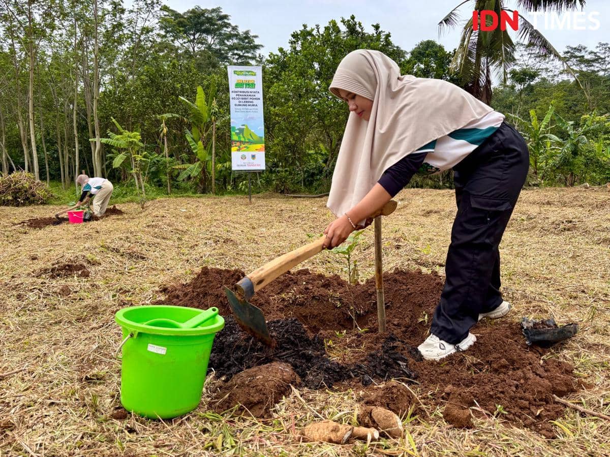 Mahasiswi Universitas Muria Kudus, Imanimatul Aliyah menanam bibit pohon Multipurpose Tree Species (MPTS) di kawasan lereng Gunung Muria, Kabupaten Kudus, Selasa (10/2/2026). (IDN Times/Dhana Kencana)
