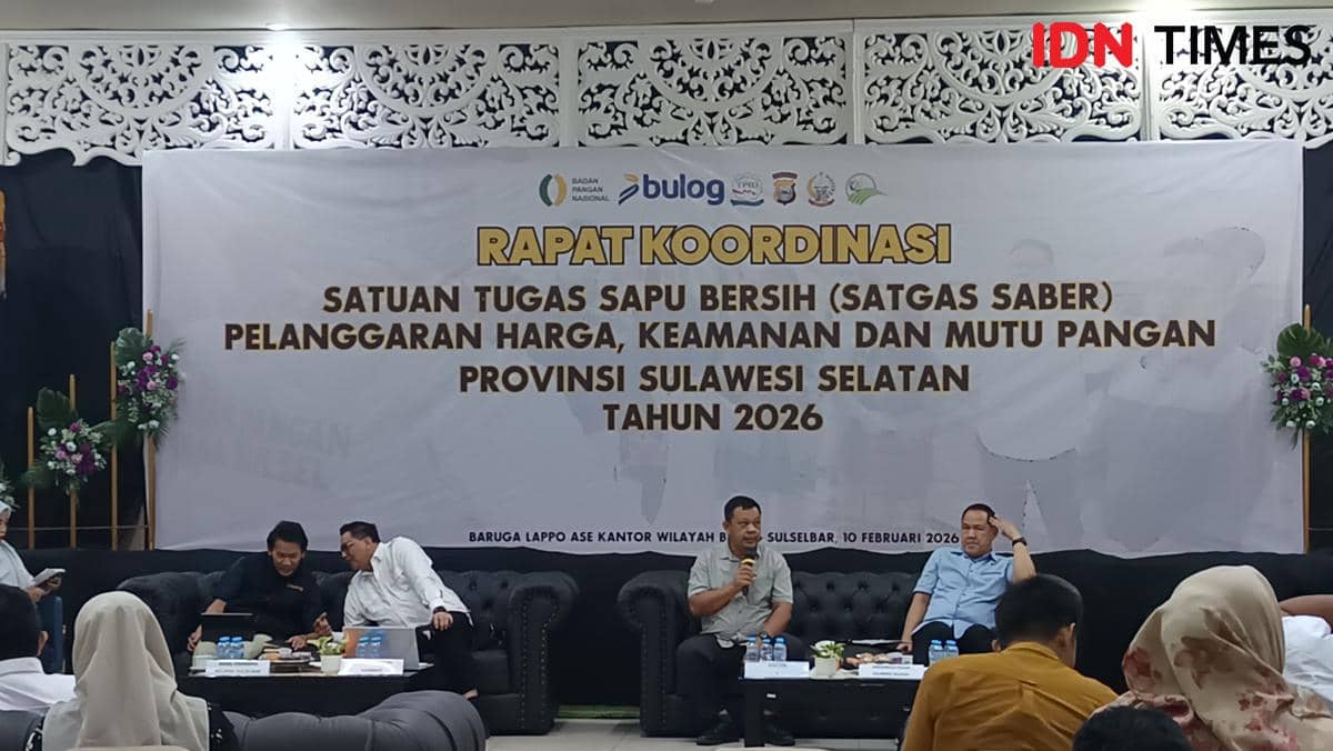 Rapat Koordinasi Satgas Saber Pangan di Kanwil Bulog Sulselbar, Selasa (10/2/2026). (IDN Times/Asrhawi Muin) 