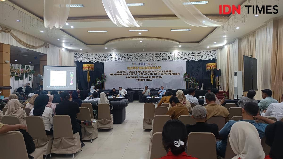 Rapat Koordinasi Satgas Saber Pangan di Kanwil Bulog Sulselbar, Selasa (10/2/2026). (IDN Times/Asrhawi Muin)