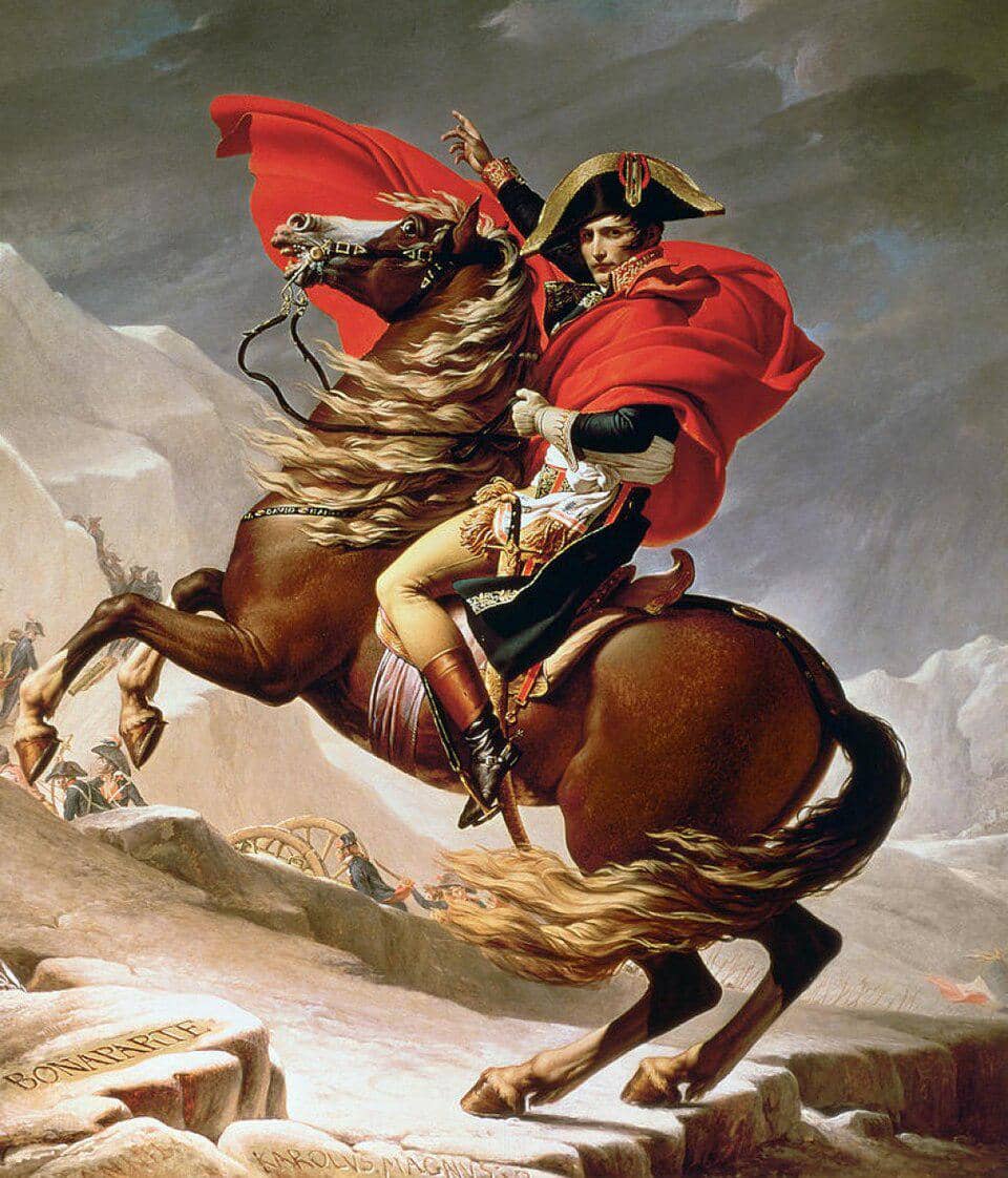 Napoleon Crossing the Alps karya Jacques-Louis David, yang mengabadikan momen simbolis Napoleon Bonaparte memimpin pasukannya melintasi Pegunungan Alpen pada tahun 1800. 
