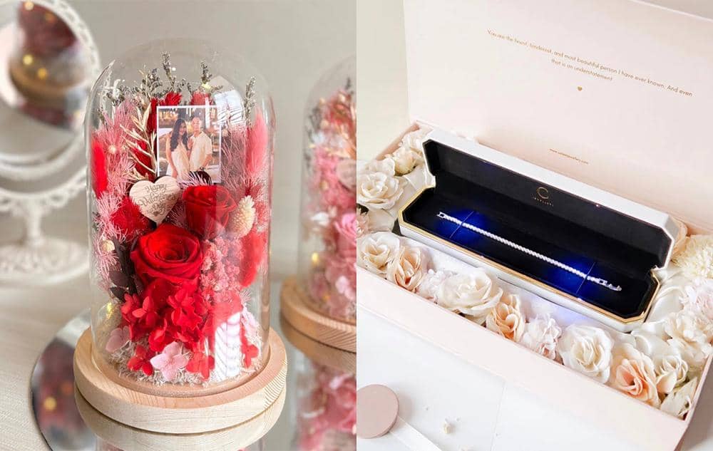 Ilustrasi kado Valentine (kolase foto via Shopee LOVE & LILY Florist & Celest Official Shop)
