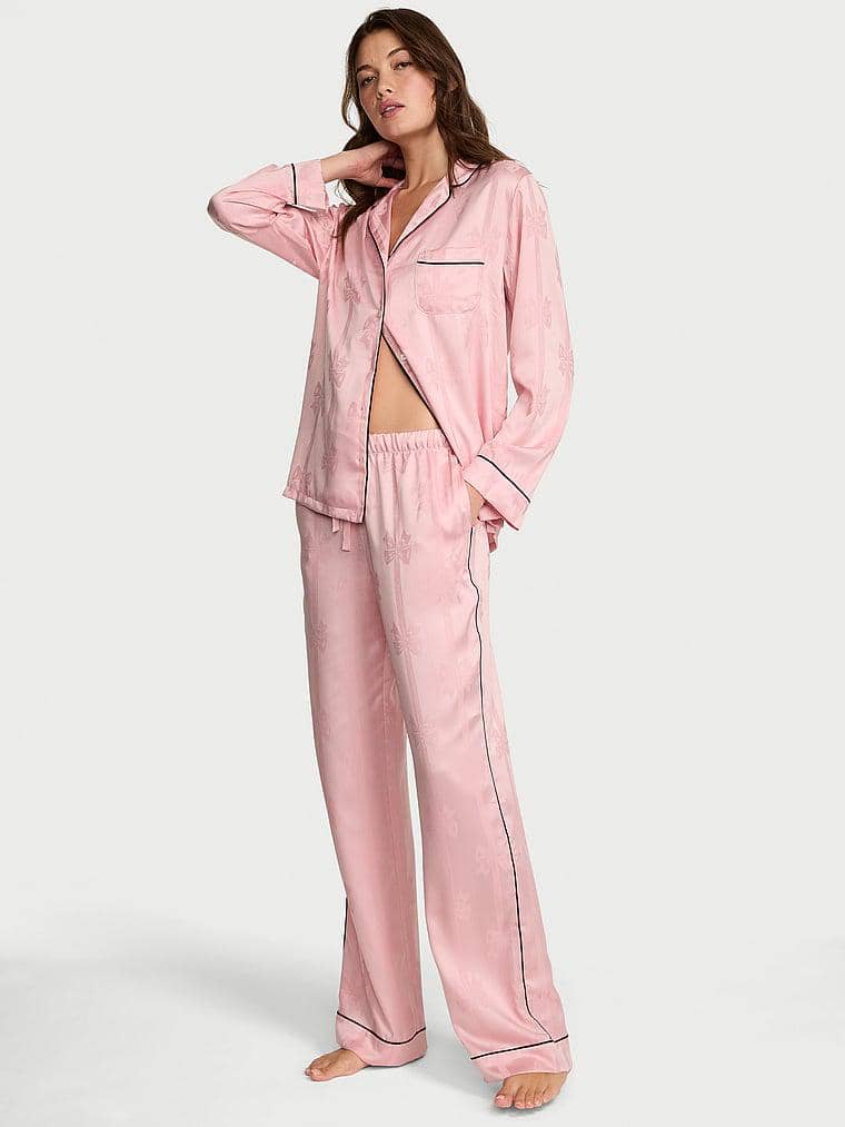 Glazed Satin Bow Stripe Long Pajama Set - Vcctoria's Secret