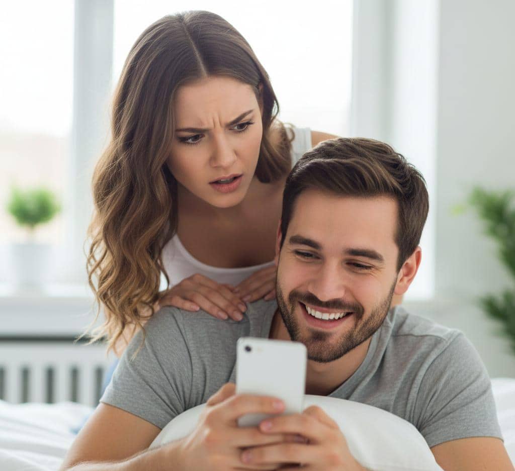 Seorang pria sedang tersenyum melihat smartphone di tempat tidur sementara wanita di belakangnya melihat dengan ekspresi marah dan cemburu.