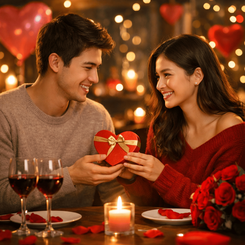 Sepasang pasangan tersenyum saling menatap saat merayakan Valentine dengan hadiah berbentuk hati dan suasana romantis