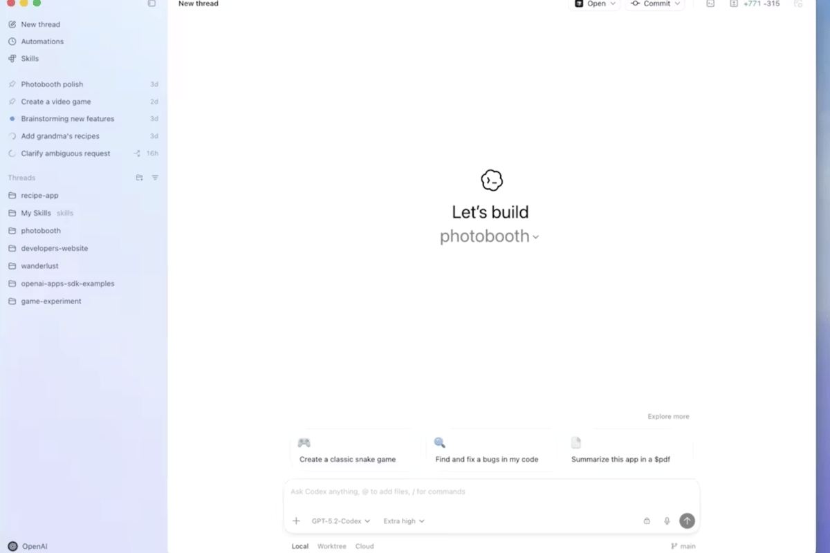 tampilan aplikasi Codex 