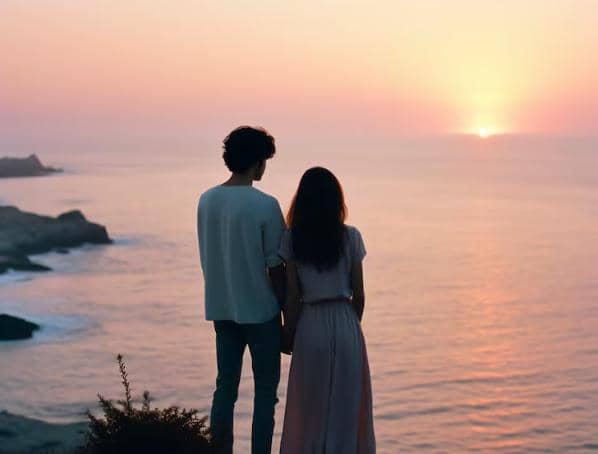 pasangan kekasih sedang menikmati sunset