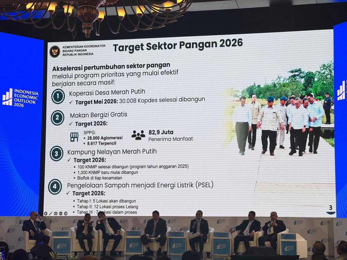 Para menteri dan kepala badan yang menjadi panelis dalam Indonesia Economic Outlook 2026, di Jakarta, Jumat (13/2/2026). 