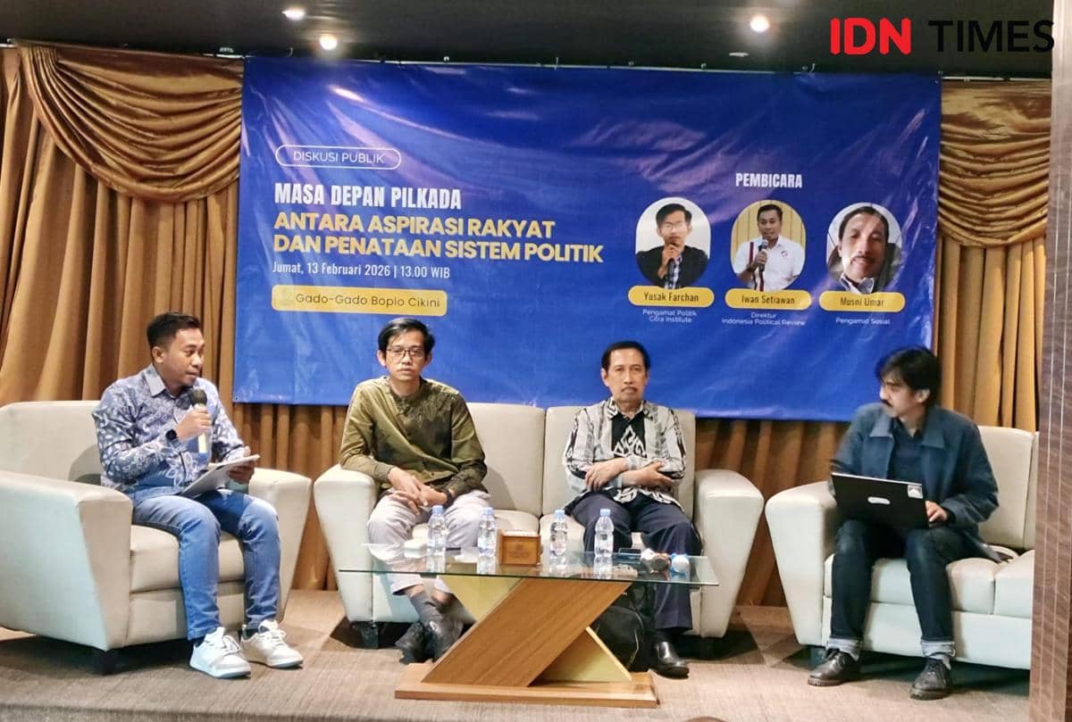 Diskusi bertajuk 'Masa Depan Pilkada: Antara Aspirasi Rakyat dan Penataan Sistem Politik' di Cikini, Jakarta Pusat, Jumat (13/2/2026) (IDN Times/Yosafat Diva Bayu Wisesa)