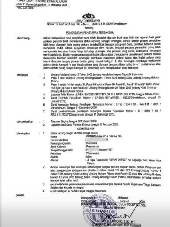 Surat perncabutan status tersangka terhadap Putri Dakka. Dok. IDN Times/Polda Sulsel