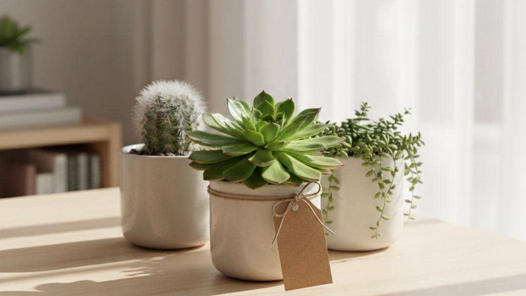Tiga pot tanaman sukulen kecil yang ditata rapi dengan kartu ucapan.