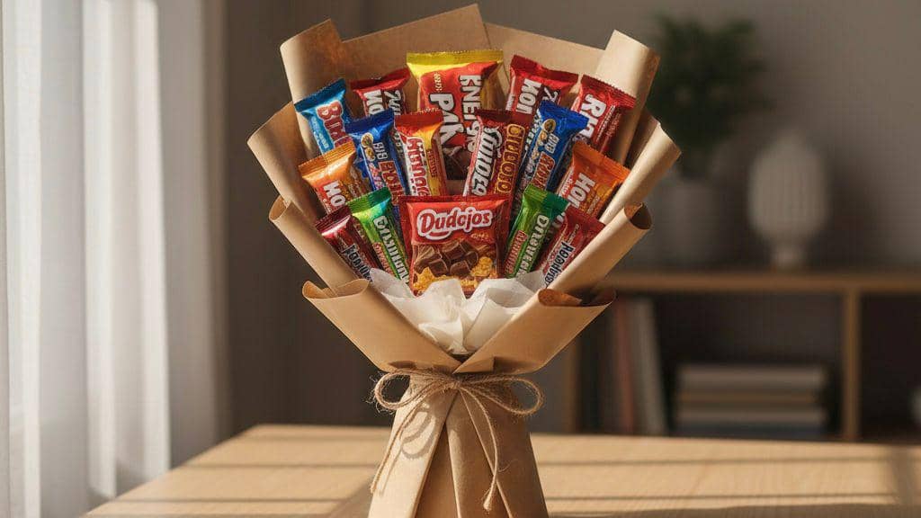 Buket berbagai macam jajanan yang dirangkai cantik dengan kertas cokelat.