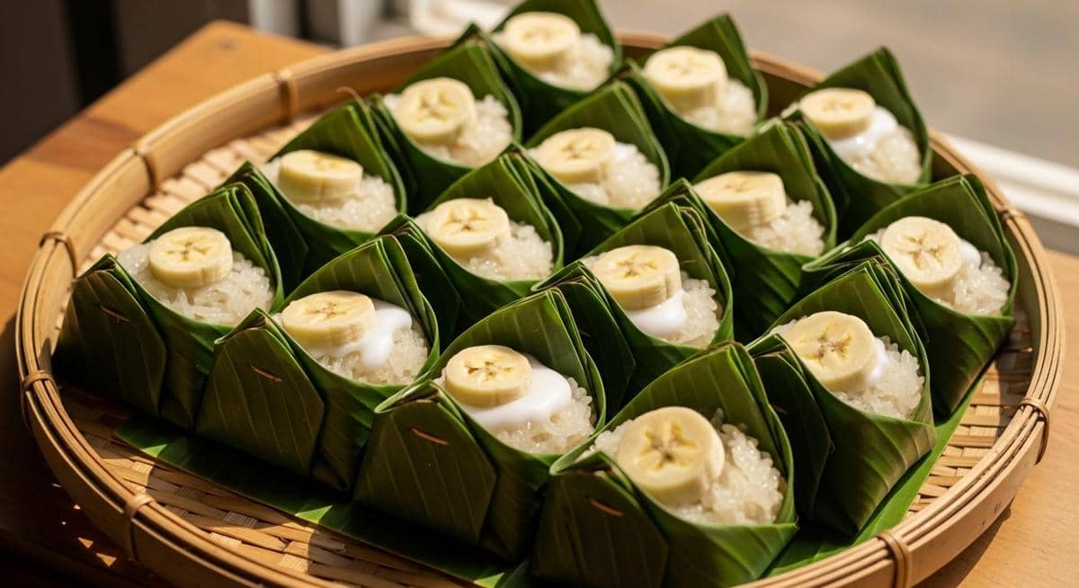 ilustrasi kue yang dibungkus daun pisang