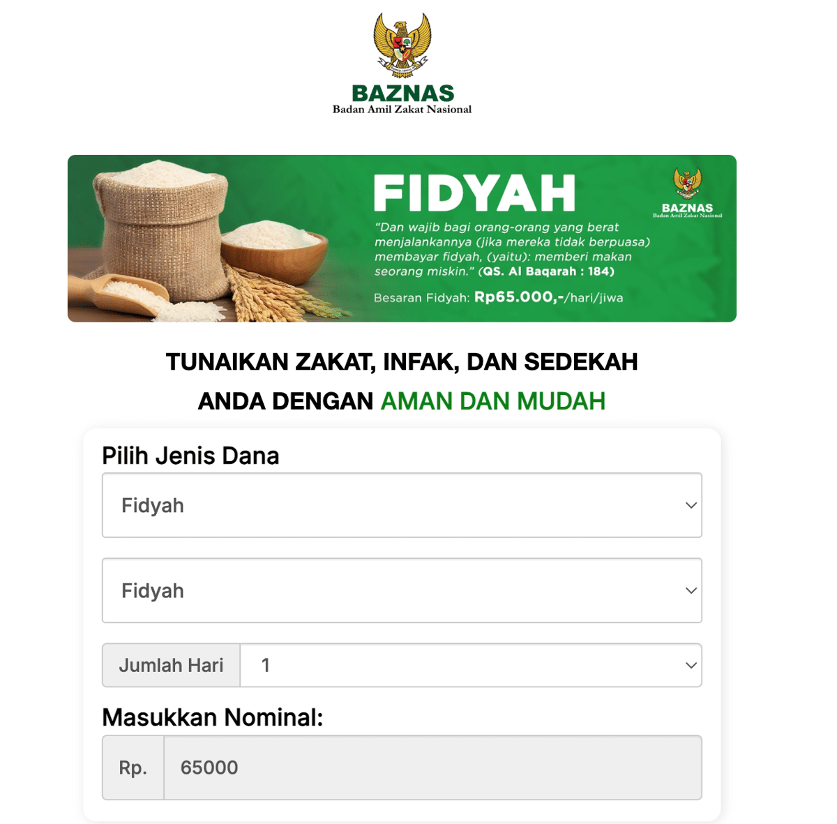 pembayaran fidyah melalui situs resmi BAZNAS