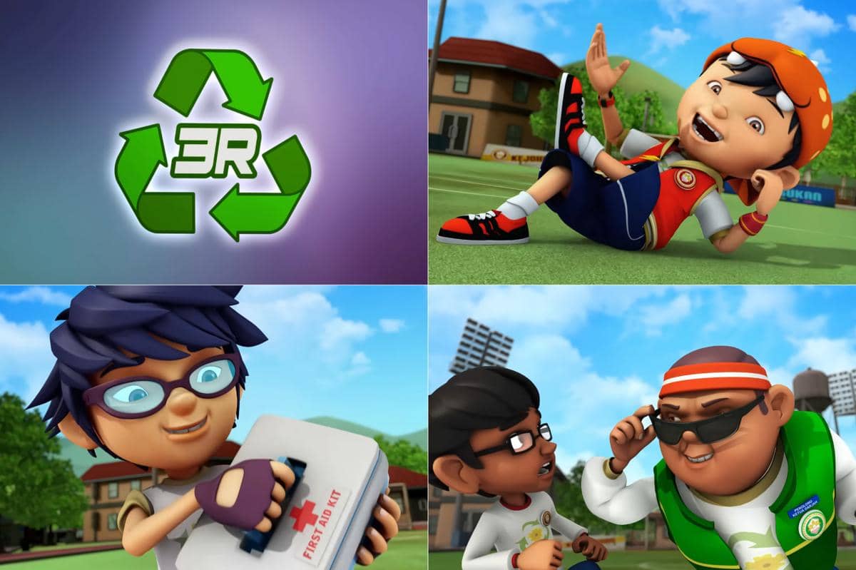 scene saat BoBoiBoy, Fang, dan Gopal salah mengartikan singkatan 3R