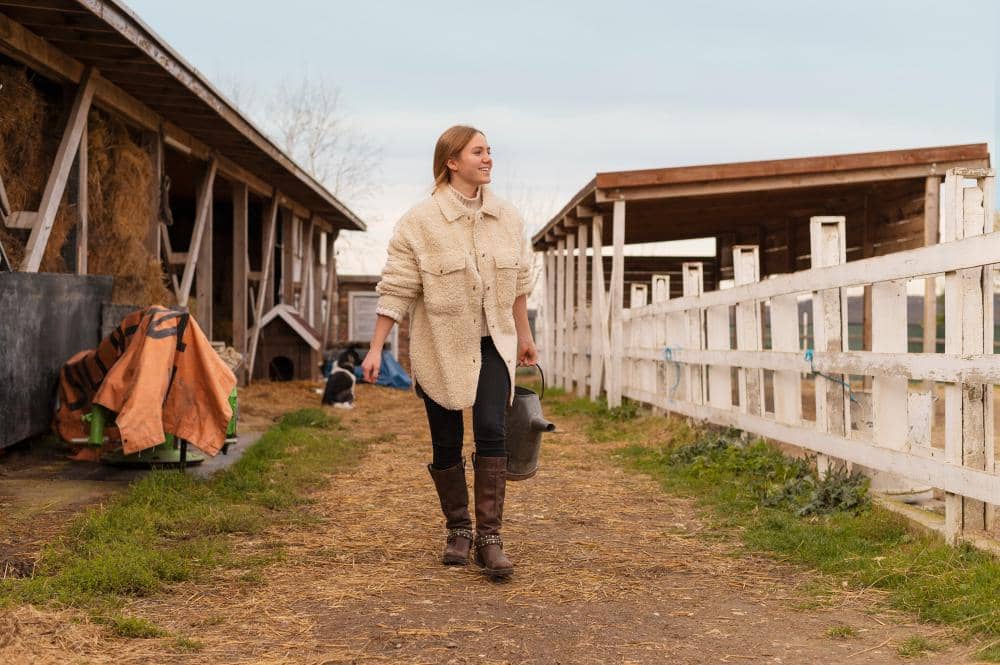 Seorang perempuan beternak di pedesaan.