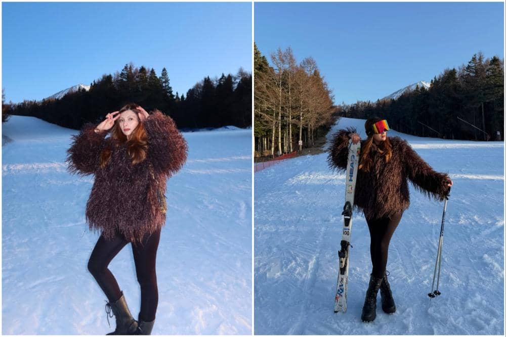 Sarah Keihl main ski di bawah kaki Gunung Fuji.