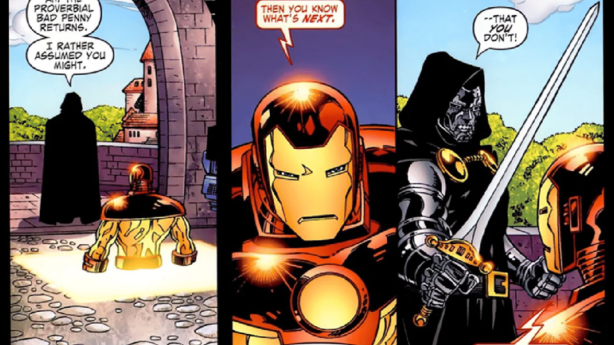Doctor Doom memamerkan Excalibur pada Iron Man