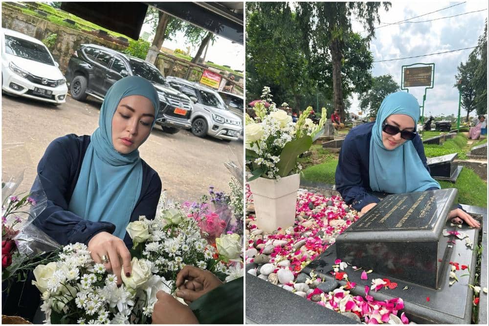 10 Potret Angelina Sondakh saat Ziarah ke Makam Adjie Massaid