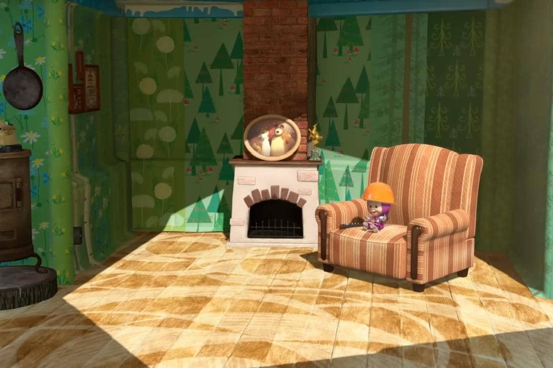 wallpaper dinding yang Masha dan teman-teman hewannya pasang di rumah milik Bear