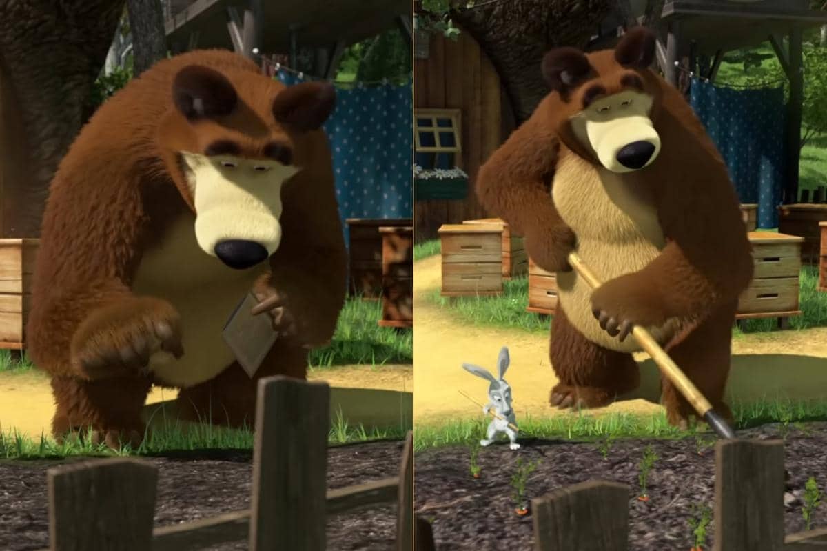 Bear terlihat sibuk berkebun di halaman depan rumahnya