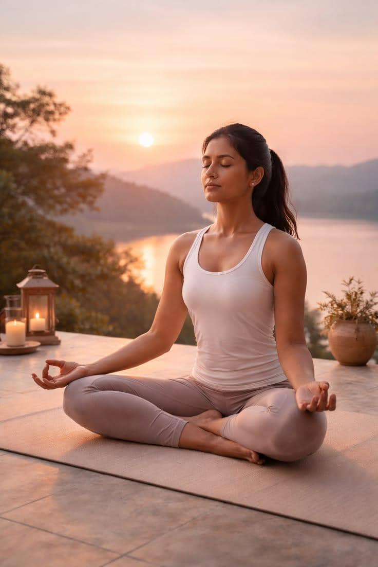 Ilustrasi anak muda sedang melakukan meditasi atau bersantai menghindari stres.