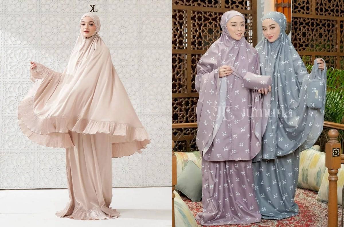 Mukena warna earthy Kallia Label dan mukena bermotif Jumuna