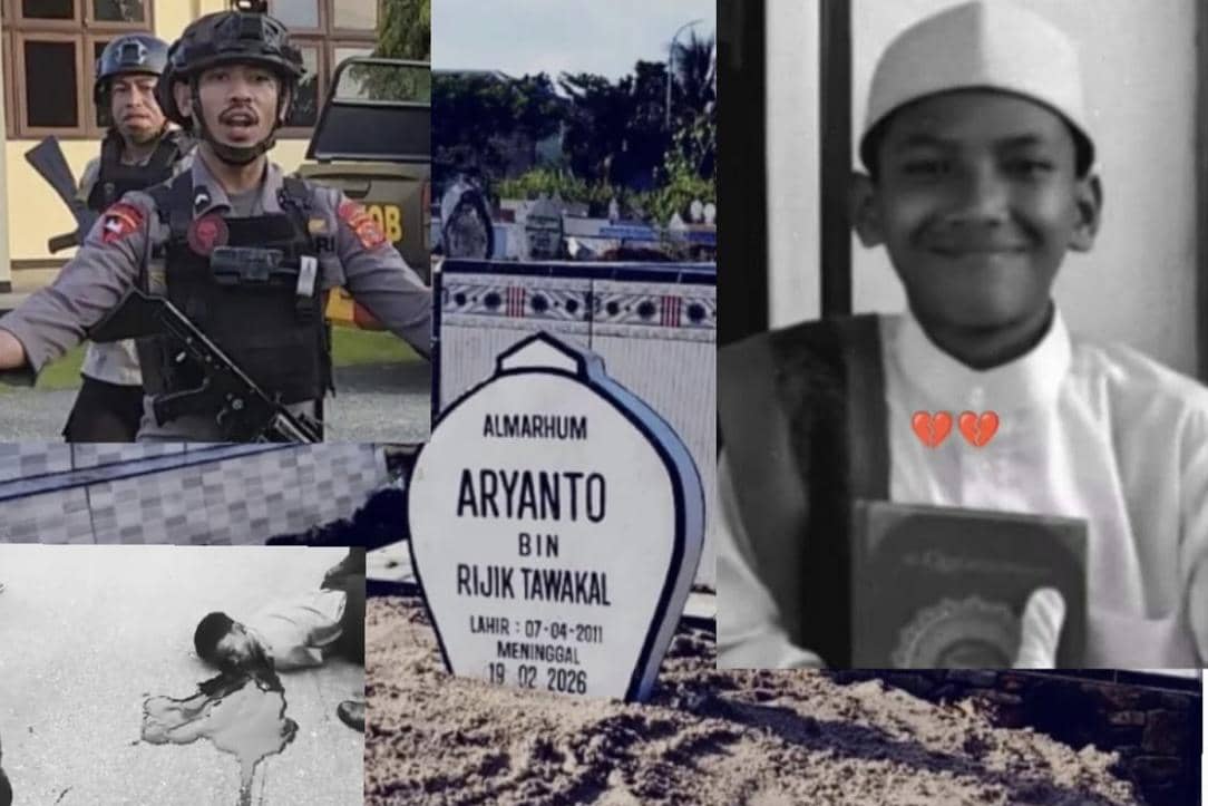 Kolase foto berisi terduga pelaku, korban di lokasi kejadian, batu nisan, dan potret korban semasa hidup.