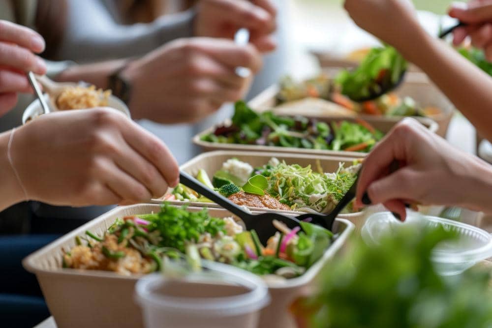 Beberapa orang menikmati hidangan katering makanan sehat dalam kotak makan berisi sayuran segar, nasi, dan lauk bergizi.