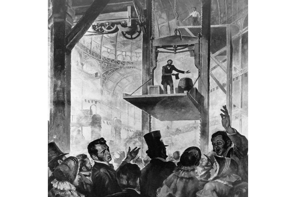 Ilustrasi demonstrasi Elisha Otis tentang mekanisme pencegahan jatuh bebas pada lift di New York Crystal Palace, tahun 1854.