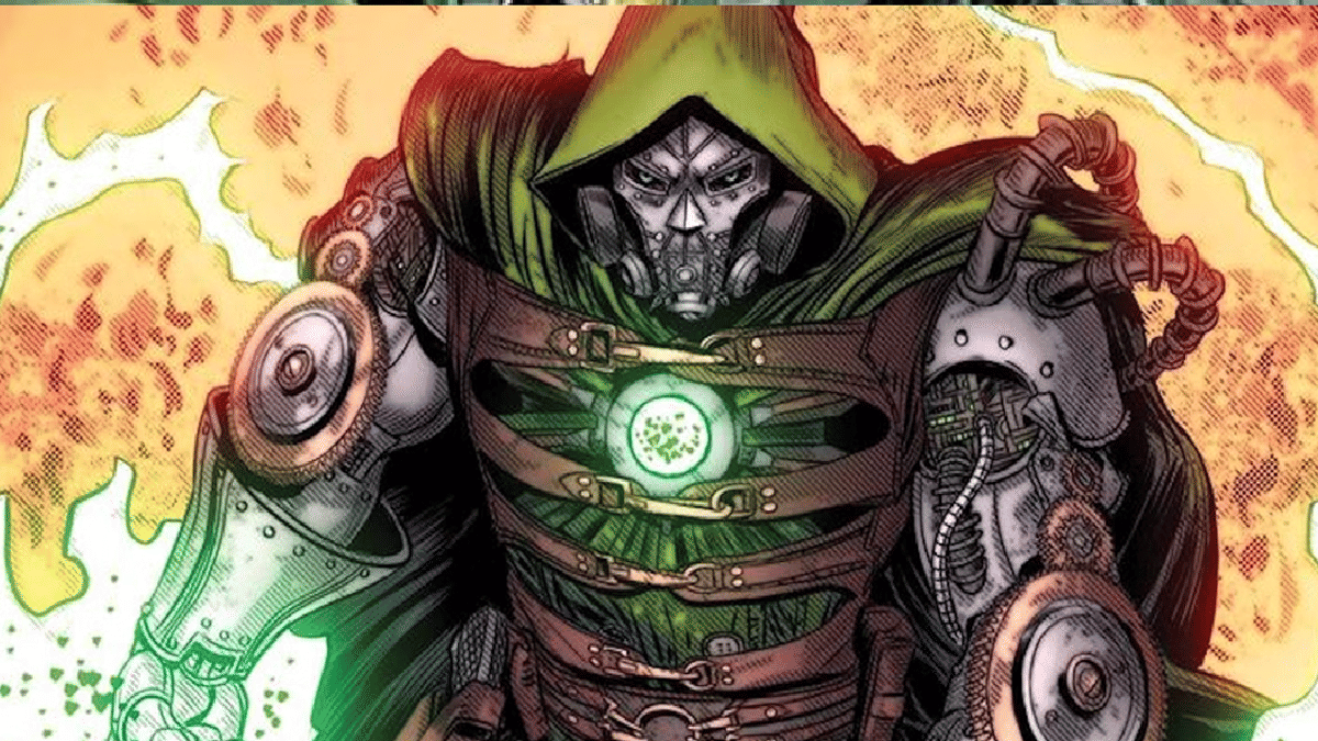 Doctor Doom menggunakan zirah canggih dan sihir 