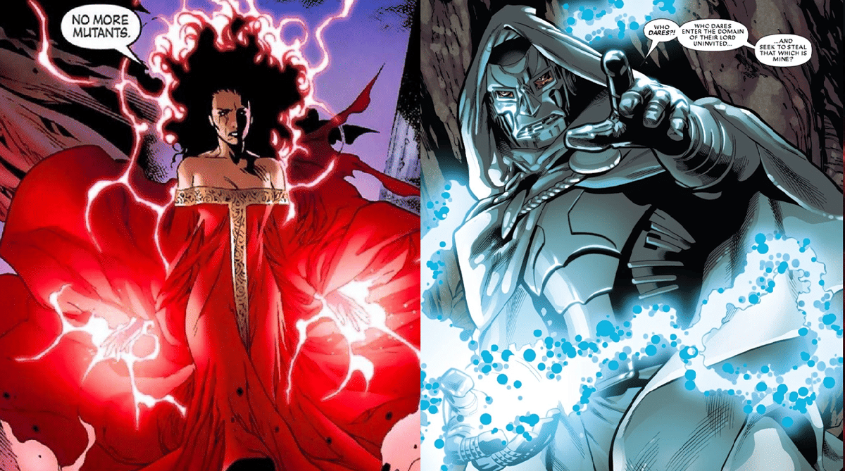 House of M Scarlet Witch (kiri) dan God Emperor Doom (kanan)