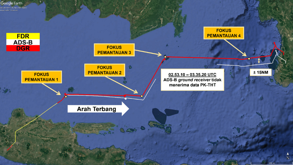 Rute penerbangan pesawat ATR 42-500 PK-THT yang menabrak Gunung Bulusaraung di Pangkep, Sulawesi Selatan. (Dok. KNKT/Google Earth)